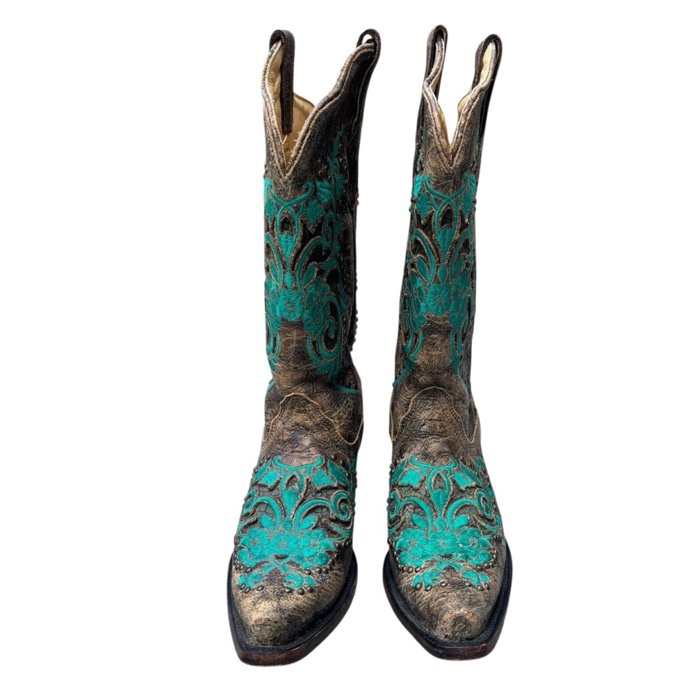 CORRAL Boots Dark Antique Saddle Floral  Turquoise Inlay & Studs 6.5 - Picture 4 of 16